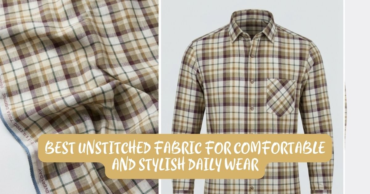 Plaid fabric swatch and a matching plaid shirt with a beige banner reading 'Best Unstitched Fabric for Comfortable and Stylish Daily Wear'.