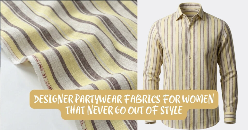 Collage of yellow-brown striped linen fabric on the left and a matching striped button-down shirt on the right, overlaid with the banner text: 'DESIGNER PARTYWEAR FABRICS FOR WOMEN THAT NEVER GO OUT OF STYLE.'
