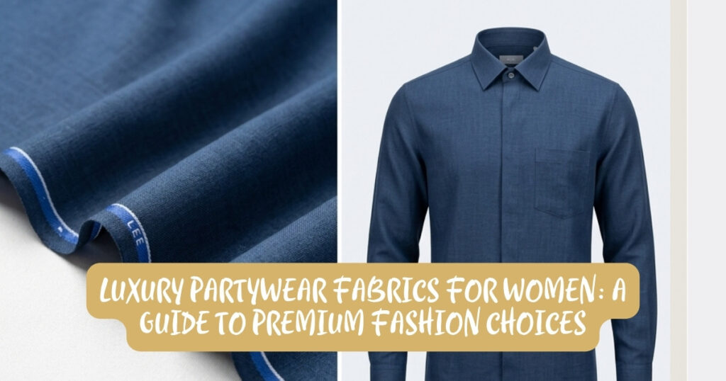 Blue fabric swatches beside a blue dress shirt, with a gold banner reading 'Luxury partywear fabrics for women: a guide to premium fashion choices'