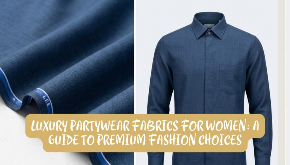 Blue fabric swatches beside a blue dress shirt, with a gold banner reading 'Luxury partywear fabrics for women: a guide to premium fashion choices'